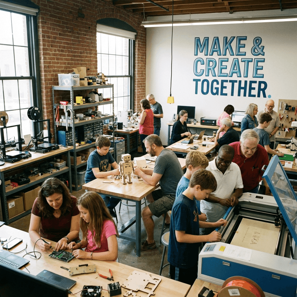 Makerspace workshop participants using IoT electronics for creative projects