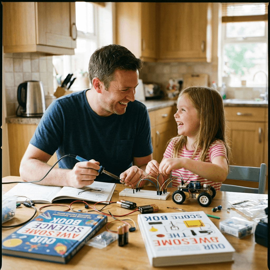 Parent and child learning STEM together with safe educational IoT kit