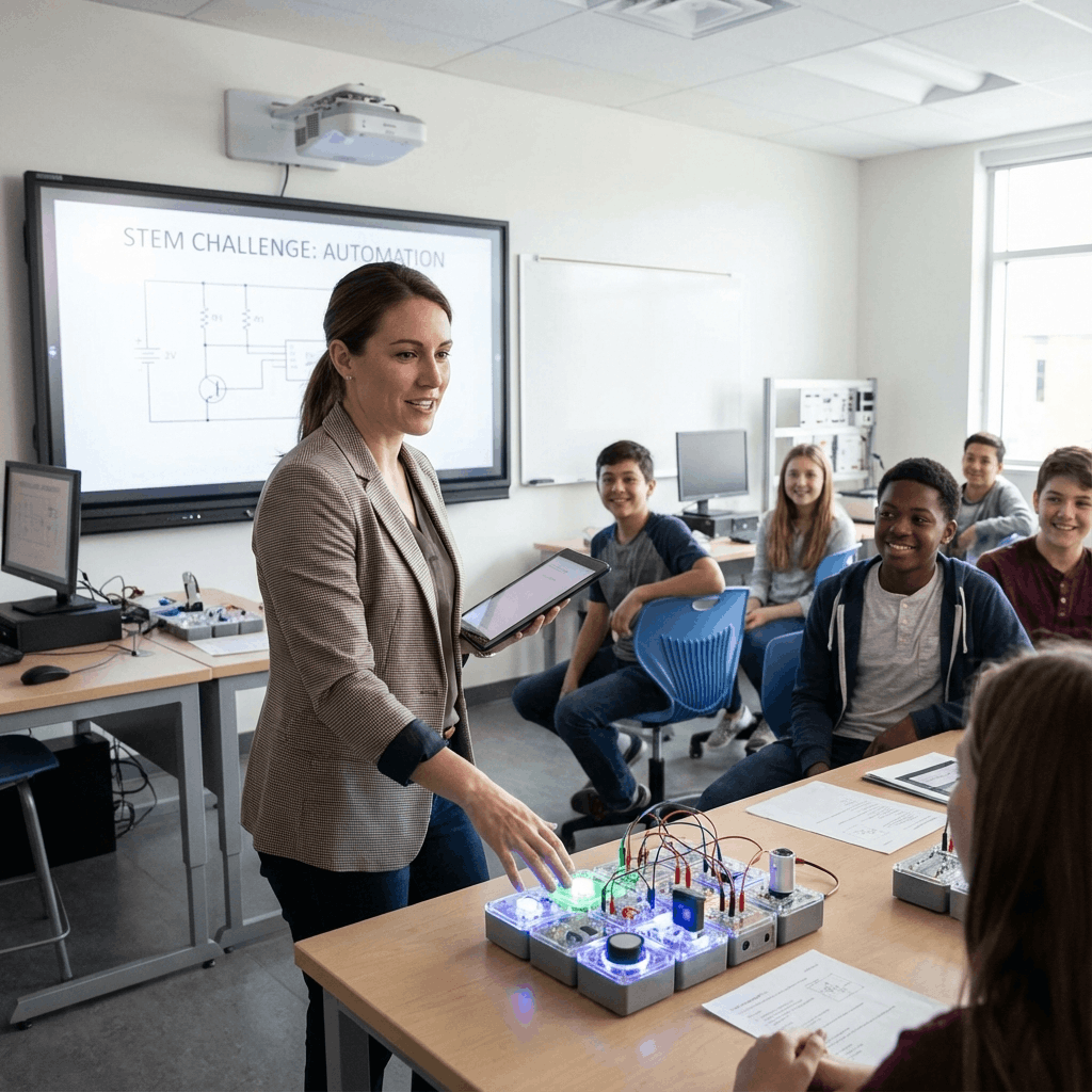 Teachers using MakerBuddy curriculum and lesson plans for IoT education