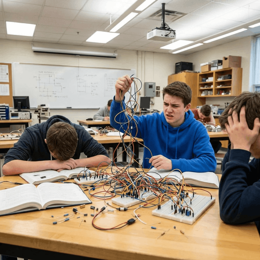 Student frustrated with tangled breadboard wires and complex Arduino circuit connections in classroom