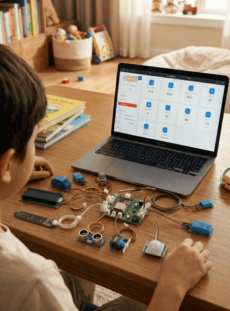 MakerBuddy web dashboard showing real-time sensor data, controls, and IoT device management for STEM education